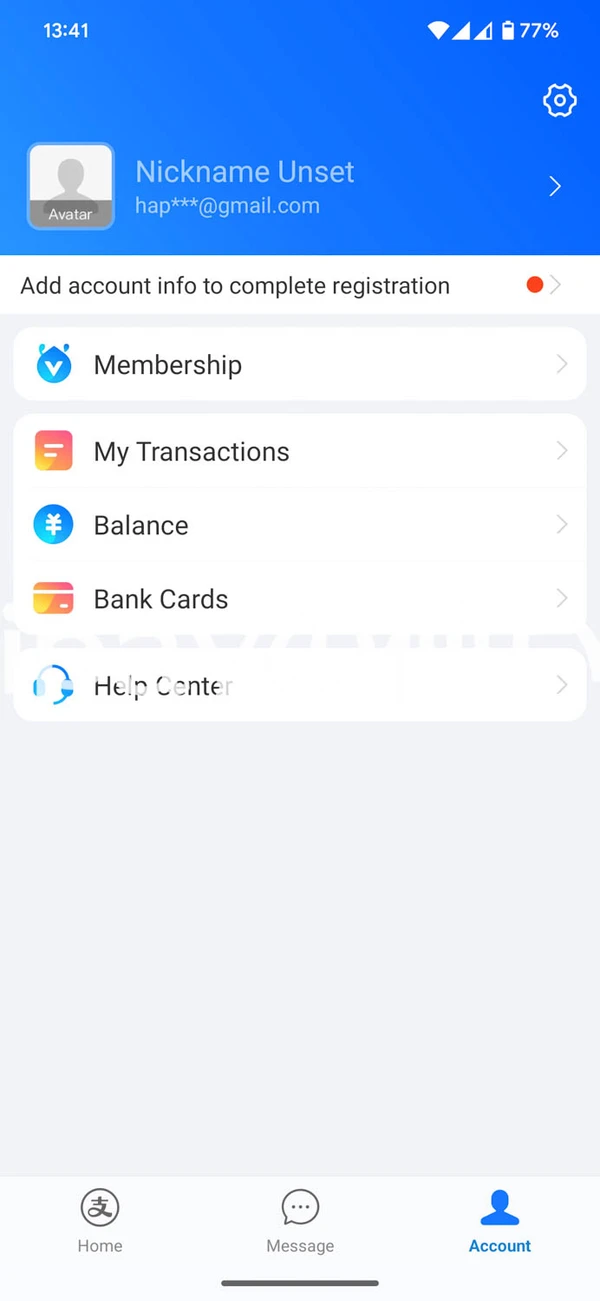 個人情報登録前のAccount画面
