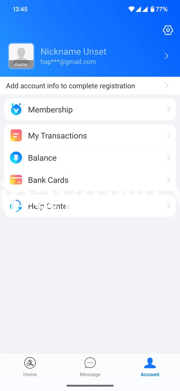 Accountを選択し、Bank Cardsを押下